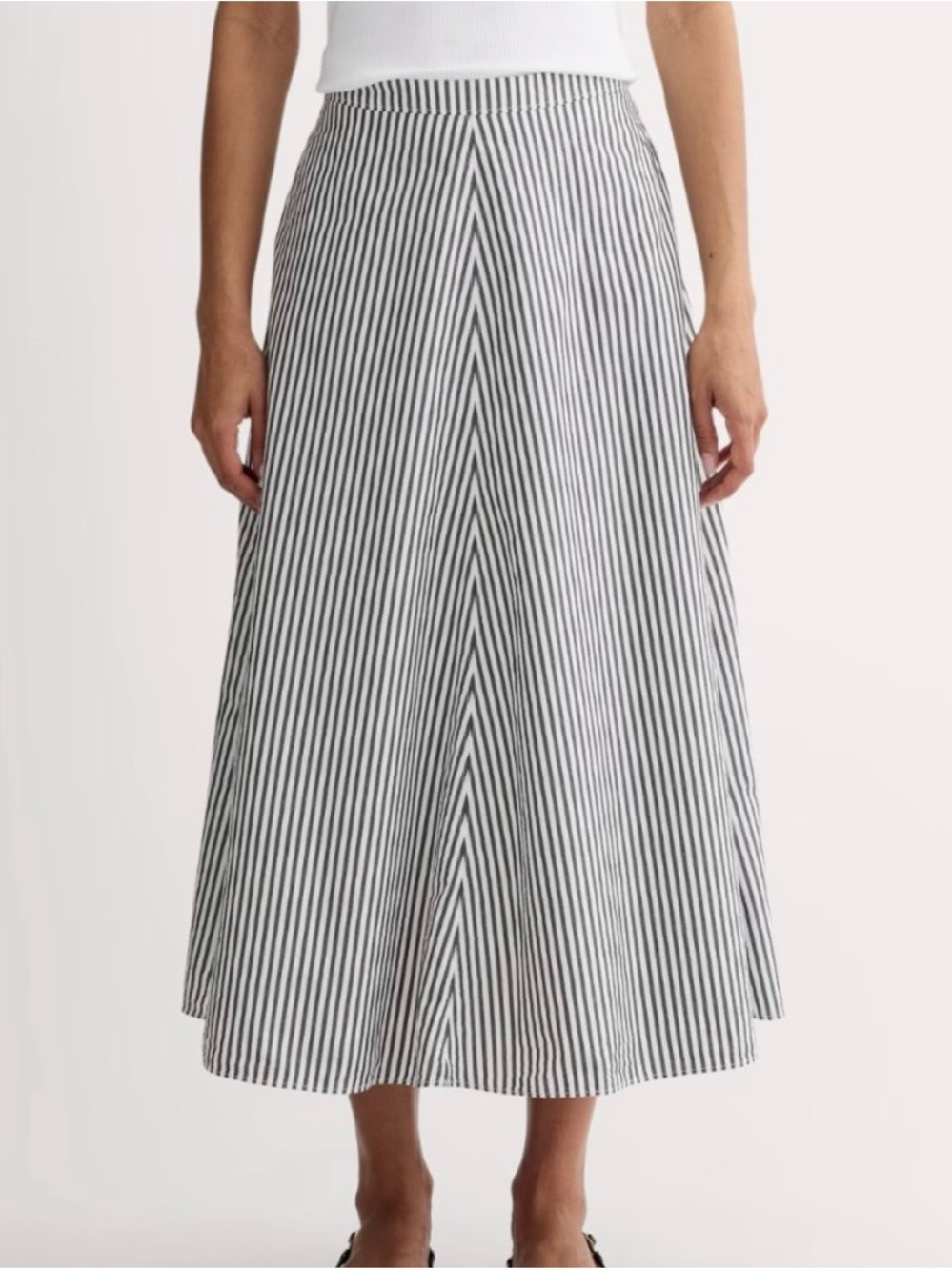 Everlane Navy and White Vertical-Stripe A-Line Midi Skirt
